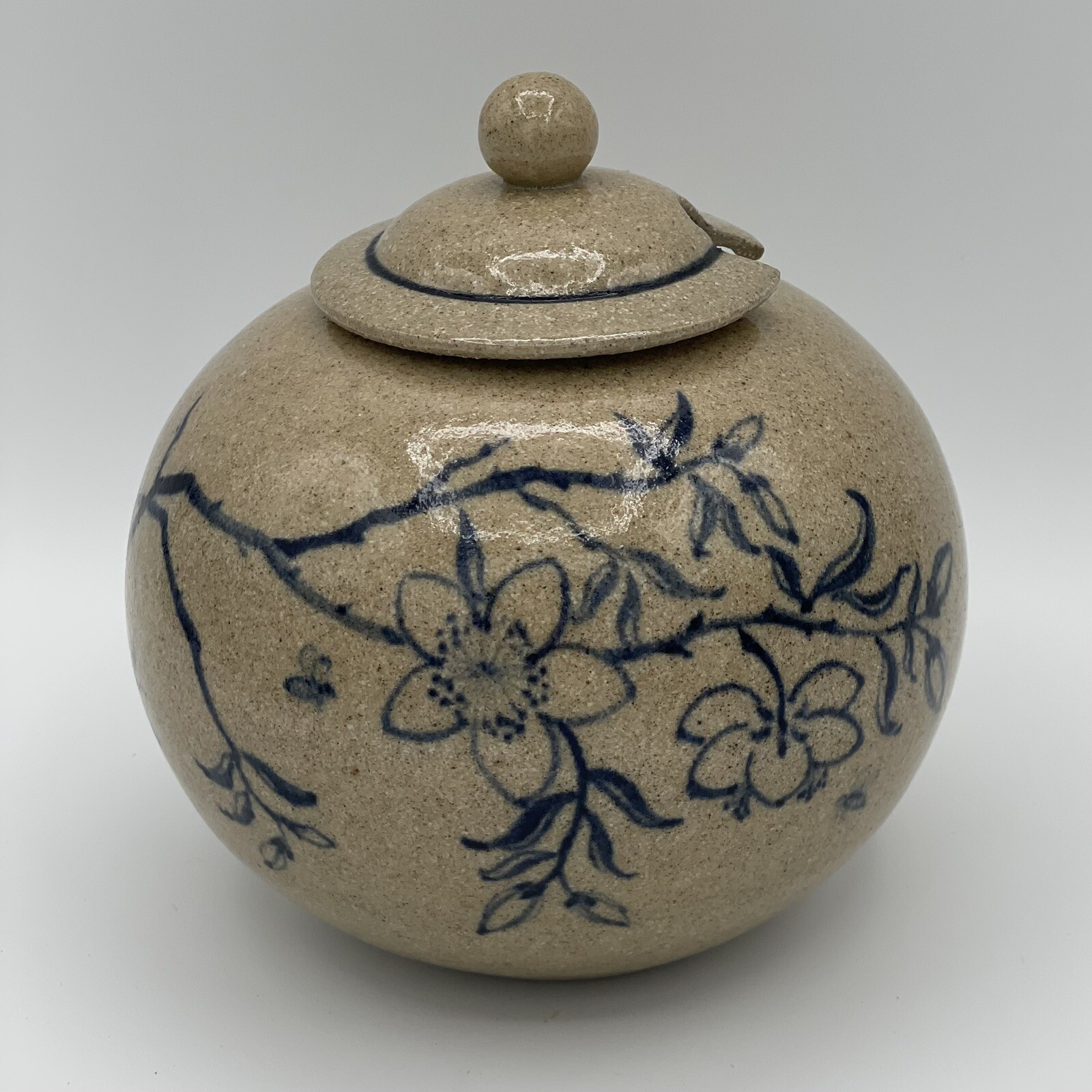 Art Pottery Earthenware – Honey Jar with Blue Flower Design and Bees