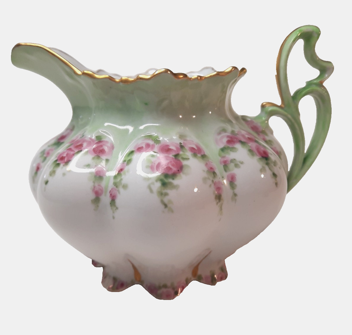 Antique-MZ Austria-Porcelain Creamer Pitcher-933-Pink Rose Garland-Art Nouveau