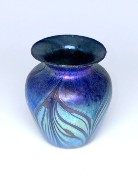 Blue Aurene Vase With Red Feather Design. Blown Glass