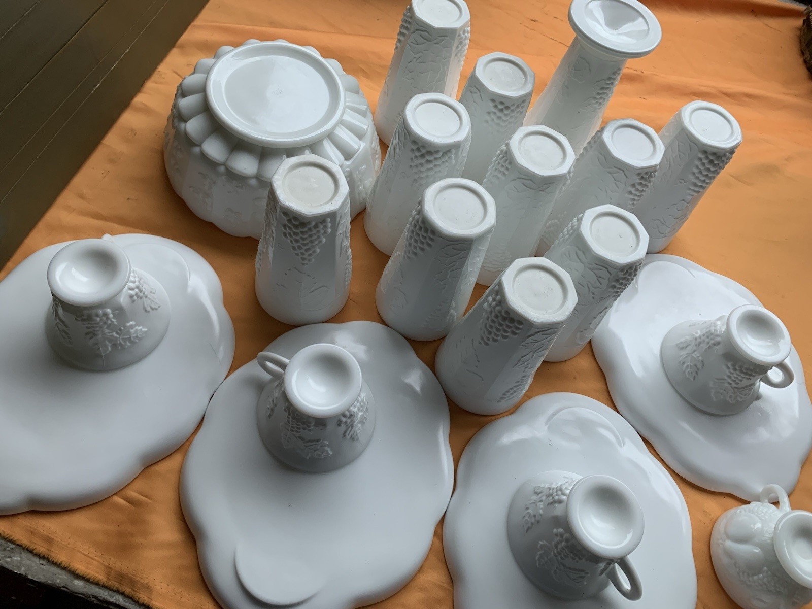 White Ceramic Grapevine Embossed Dinner Set Plates Cups Bowls Tumblers Vintage