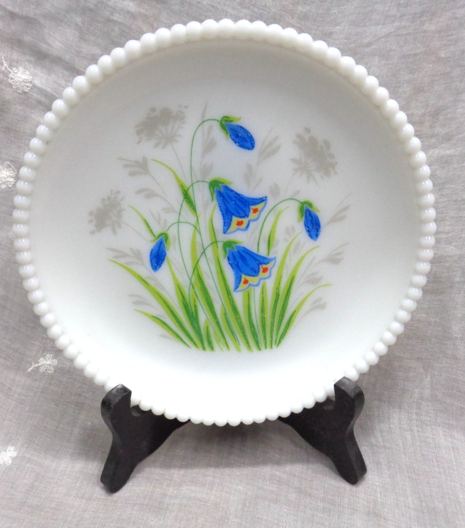 Vtg WESTMORELAND GLASS White Handpainted Beaded Plate ~ BLUEBELLS ~ 7-3/8″ D
