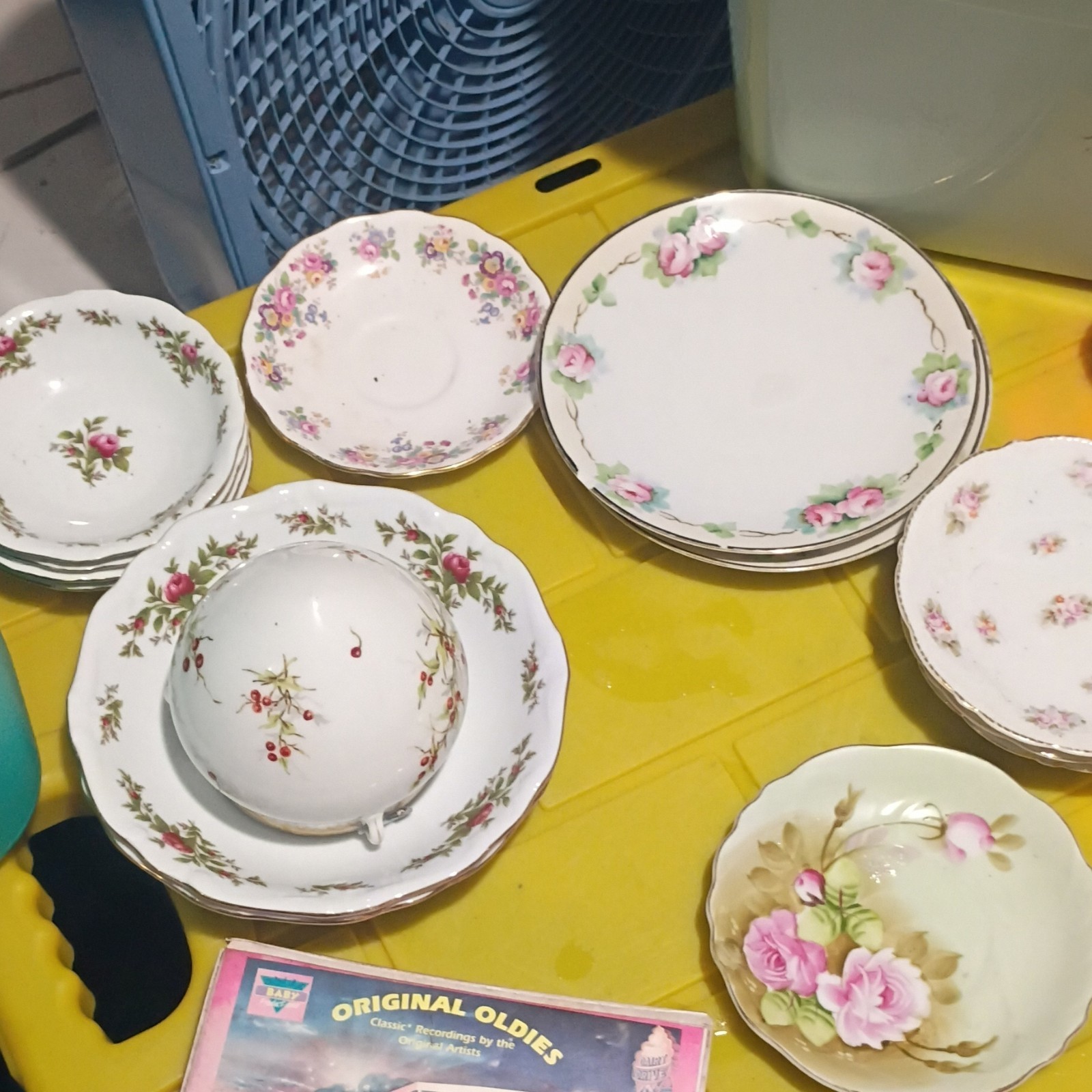 Unmarked Floral Porcelain Dishes Lot, White Pink Green Gold Trim, Glossy