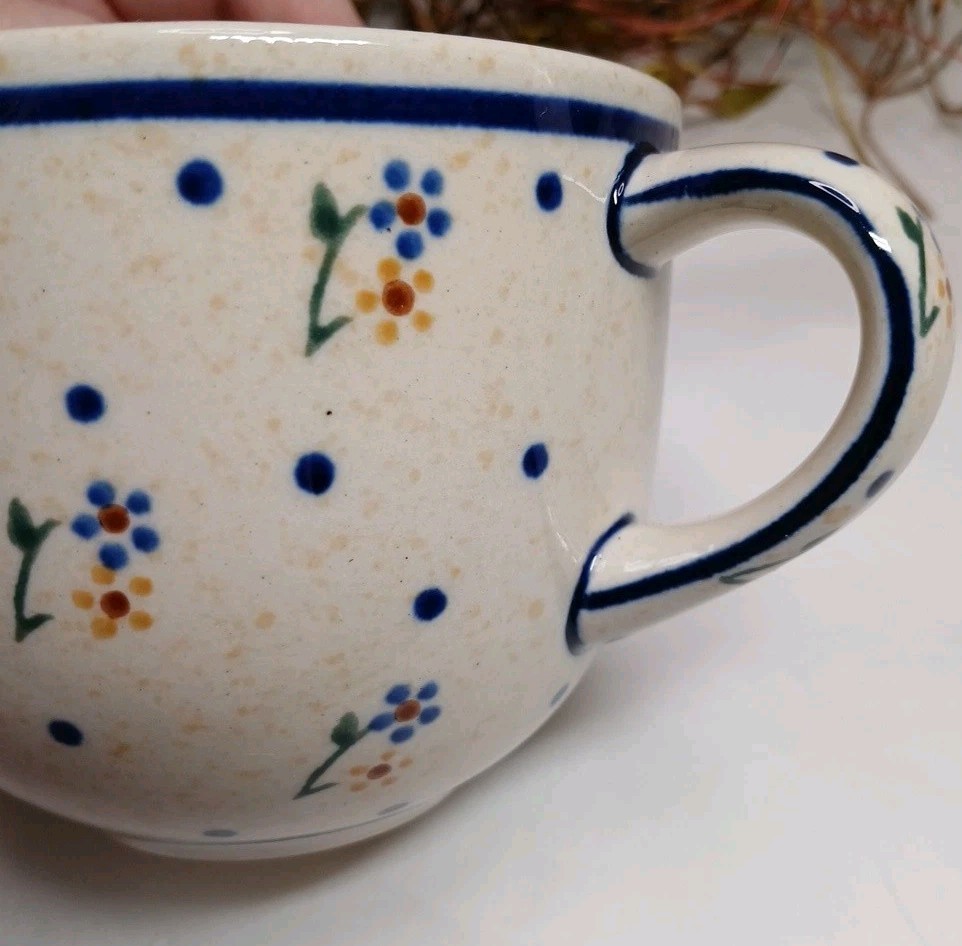 Boleslawiec Polish Pottery Mug Cup Daisy Blue Flower Pattern Beige Replacement