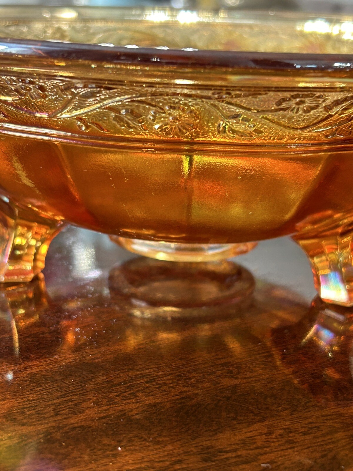 Vintage Carnival Marigold Iridescent 3 Footed Bowl – Floral & Foliate Pattern 9”