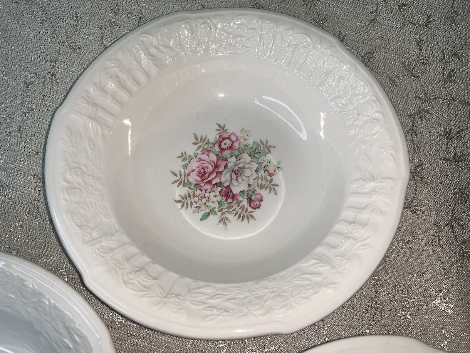 Vtg French Saxon China 6” Floral Bouquet Scalloped Embossed Edge Bowls Set Of 3