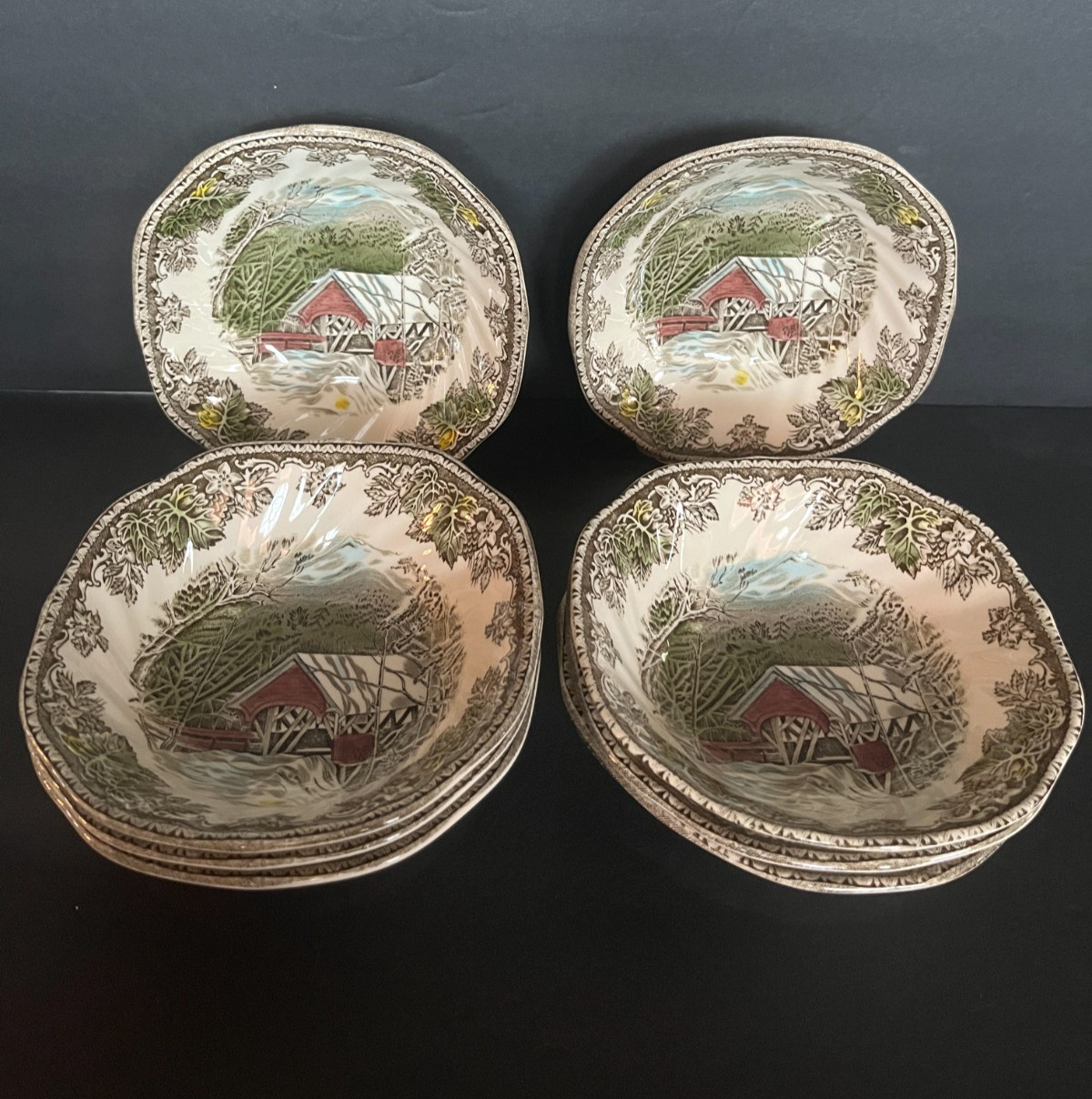 Vtg Johnson Brothers Friendly Village 8 cereal/soup bowls Covered Bridge