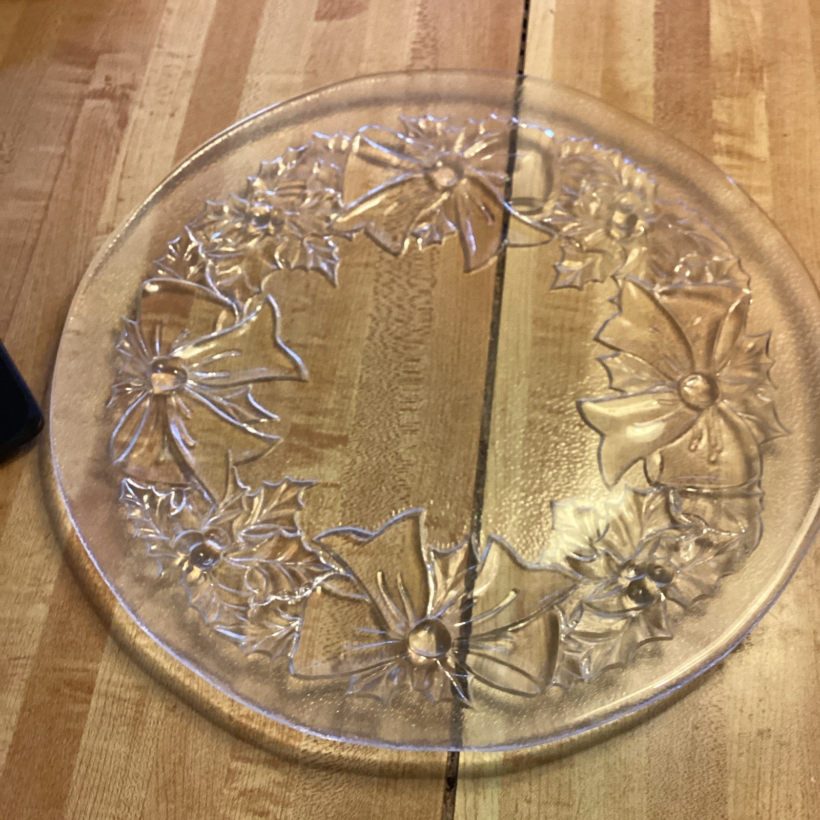 Clear Pressed Glass Round Platter, Floral Embossed Border Decorative