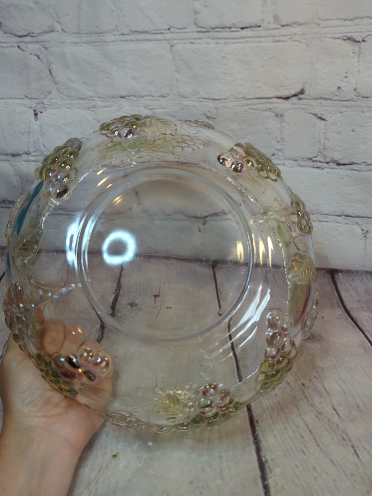 Vtg Pressed Glass Bowl Grapes 3-D Grapevines 4″ Tall 9.5″ Wide MCM