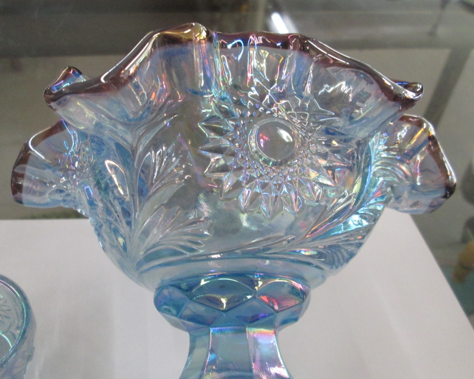 Fenton Miniature Punch Bowl Blue Carnival Plum Crest & Cups