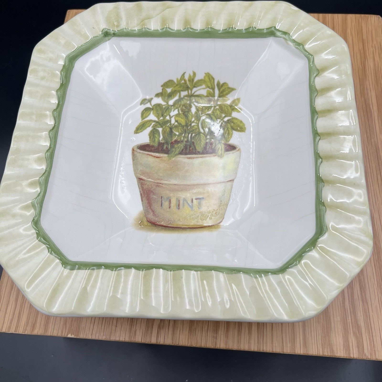 Vintage Ceramica Due Torri Mint Herb Bowl Square 9” Italy Set of 2