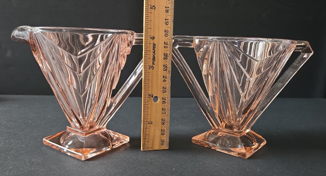 Vtg Indiana Glass Pink Pyramid Creamer and Sugar Bowl Set Art Deco Depression