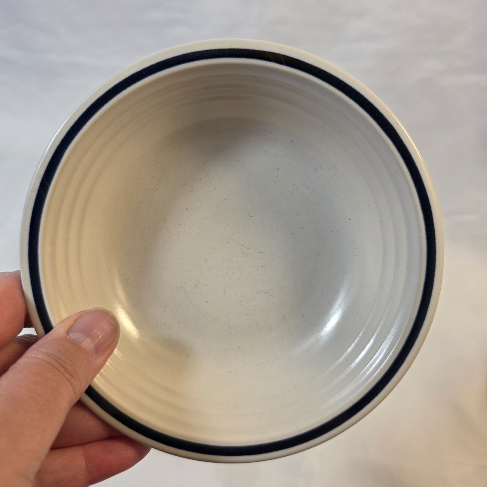 FOUR Town & Country Blue Ridge Fruit Bowls White with Blue Ring on Rim