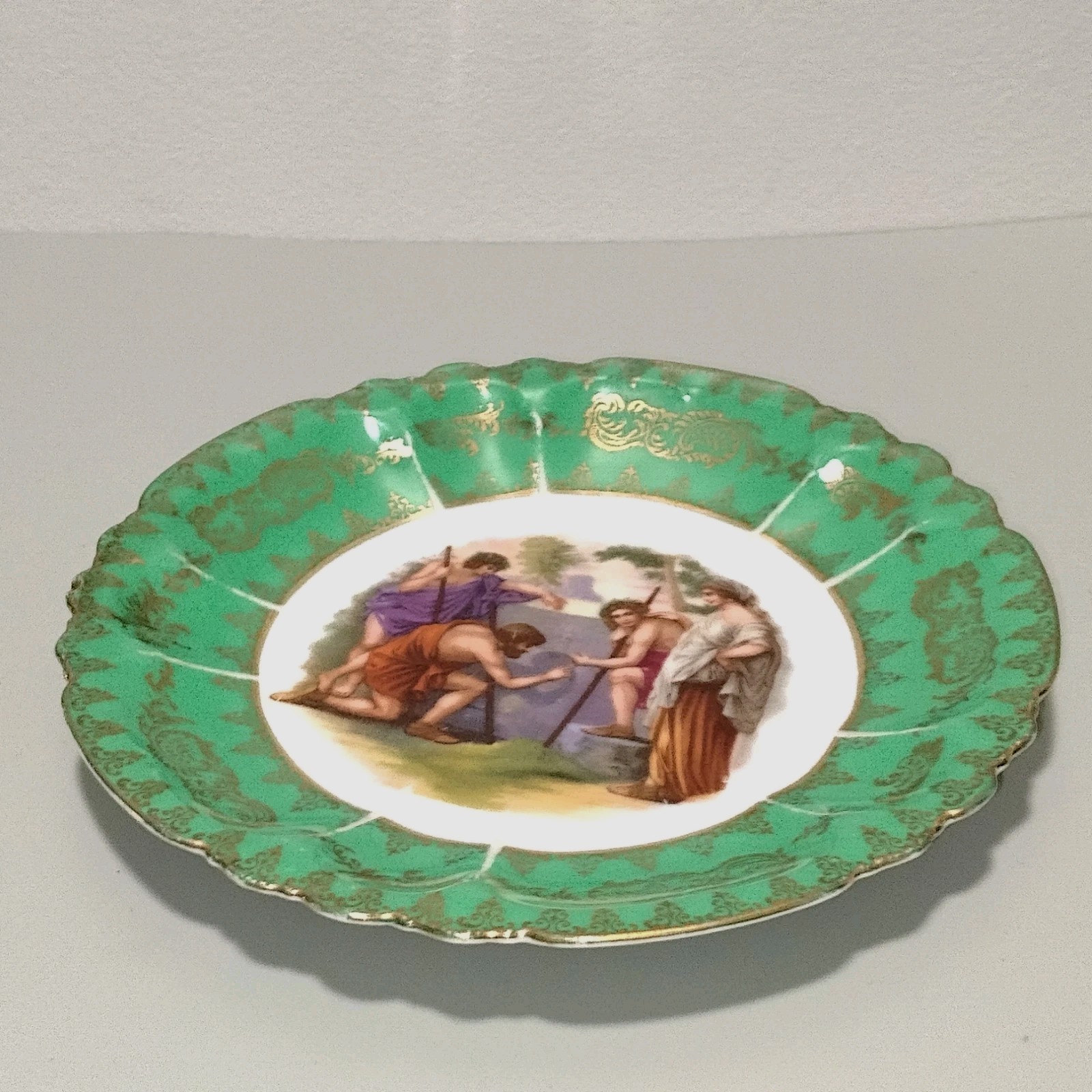 Neoclassical Green Gold Decorated Portrait Cabinet Plate Beyer and Bock Germany