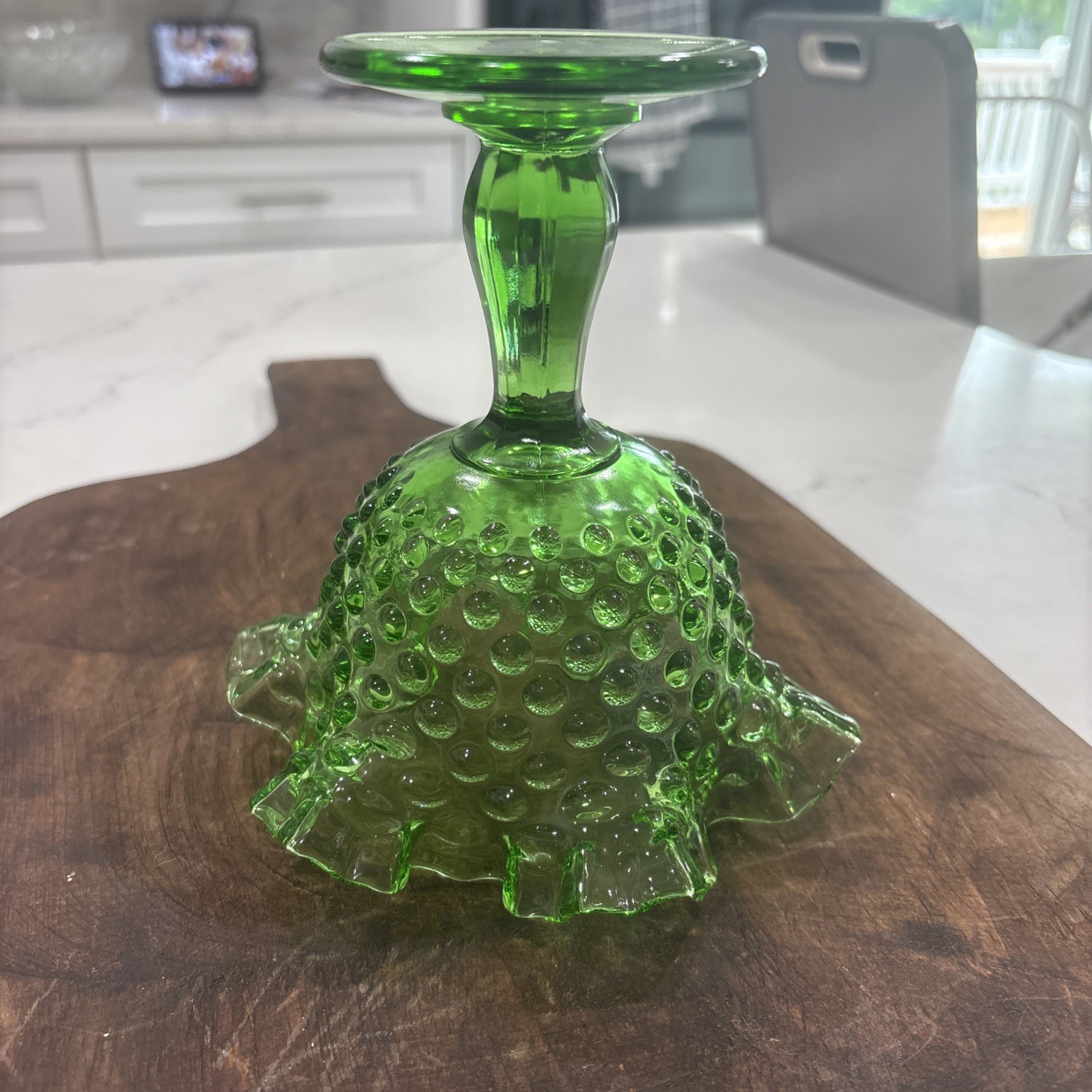 Fenton Green Hobnail Art Glass Pedestal Compote Bowl Glossy Decorative Round
