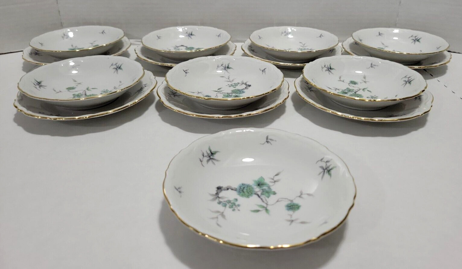 Antique 1920 Mitterteich Germany Green Ming 8 Dessert Bowls and 7 Saucer Plates