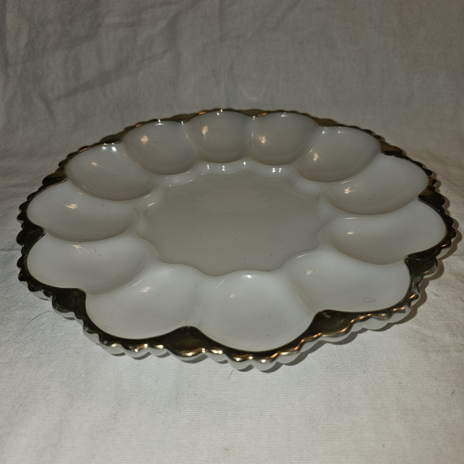 Vintage Anchor Hocking Milk Glass Deviled Egg Plate w/Gold Trim/Edging Flawed