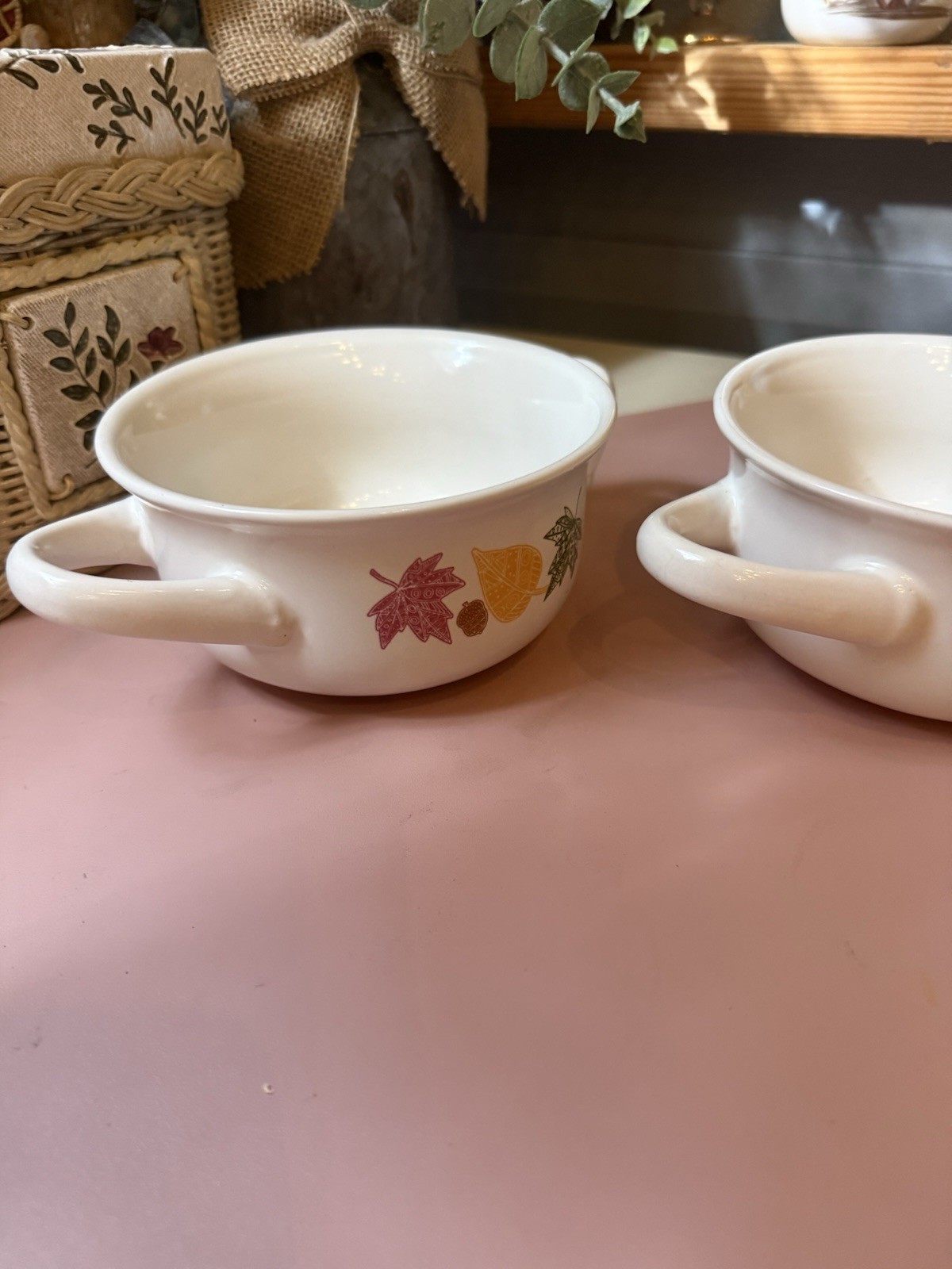 Holiday Home Ceramic Soup Bowls Set of 2 Side Handles Autumn Leaves