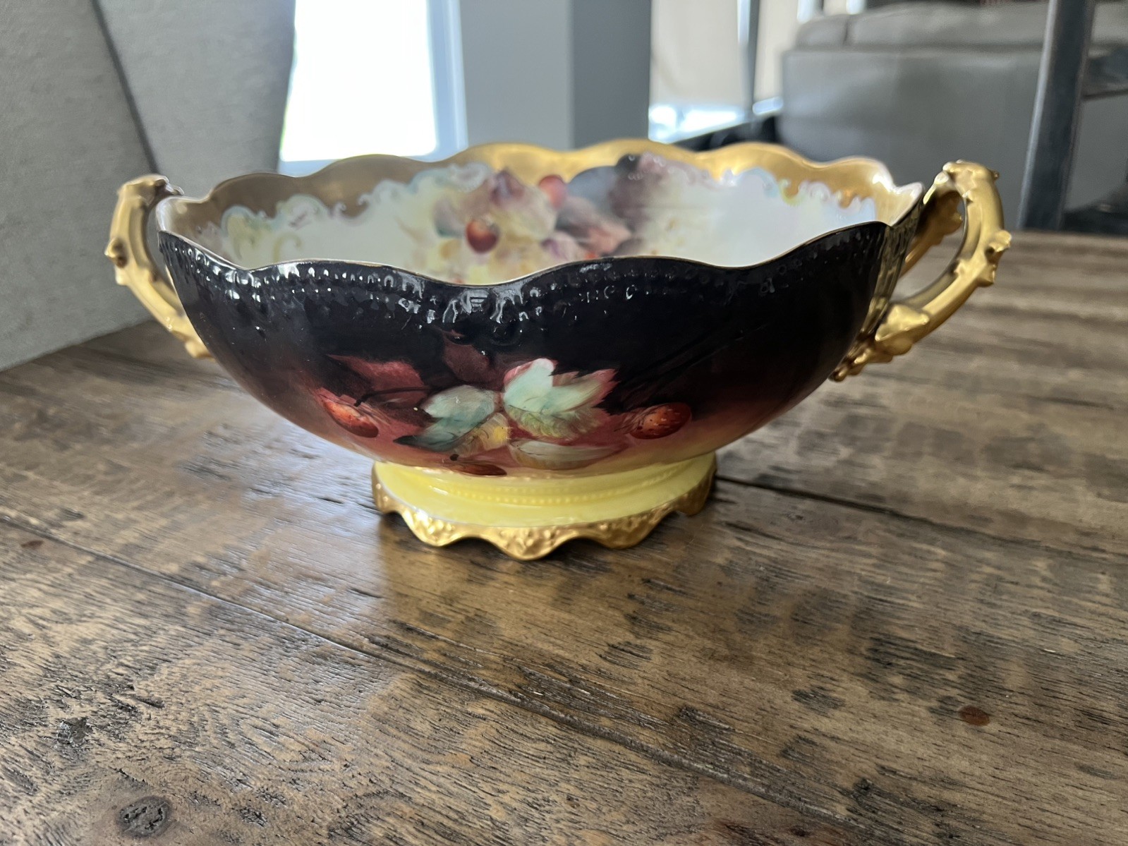 Large Pickard T&V Limoges Gold Gilt Encrust Berries Handled Footed Bowl Signed