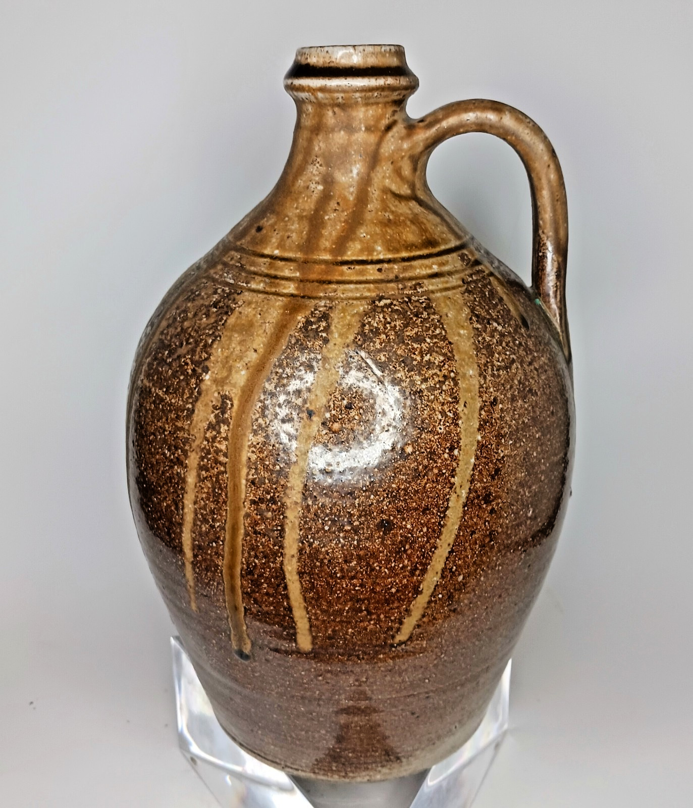 10” Jugtown Pottery Signed PAMELA OWENS Drip Glaze Stoneware Jug Brown. 1998