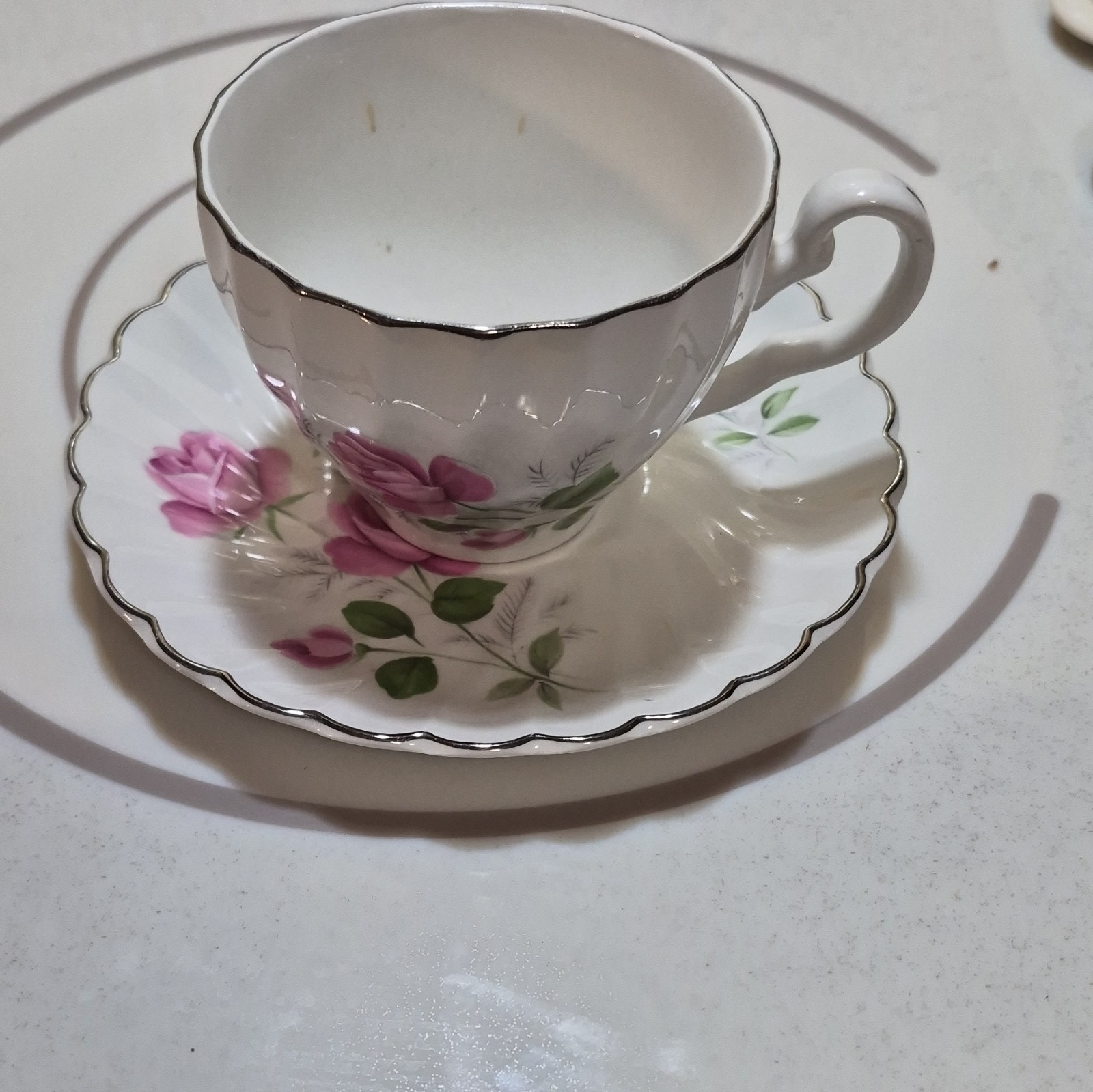 Johnson Bros Cup & Saucer Set White Pink Green Floral Ceramic Printed Backstamp