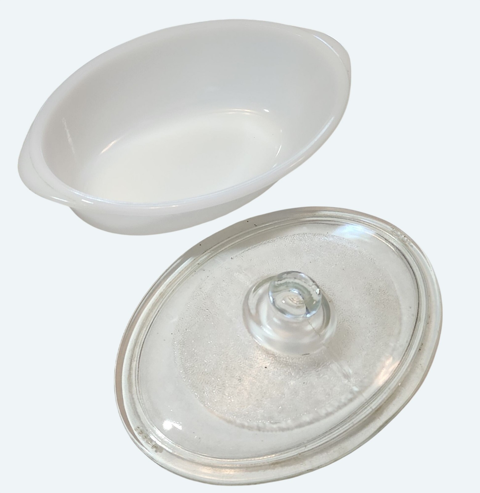 1 Qt Glasbake White Milk Glass Oval J-235 Casserole Dish w Clear Lid J-225 Vtg