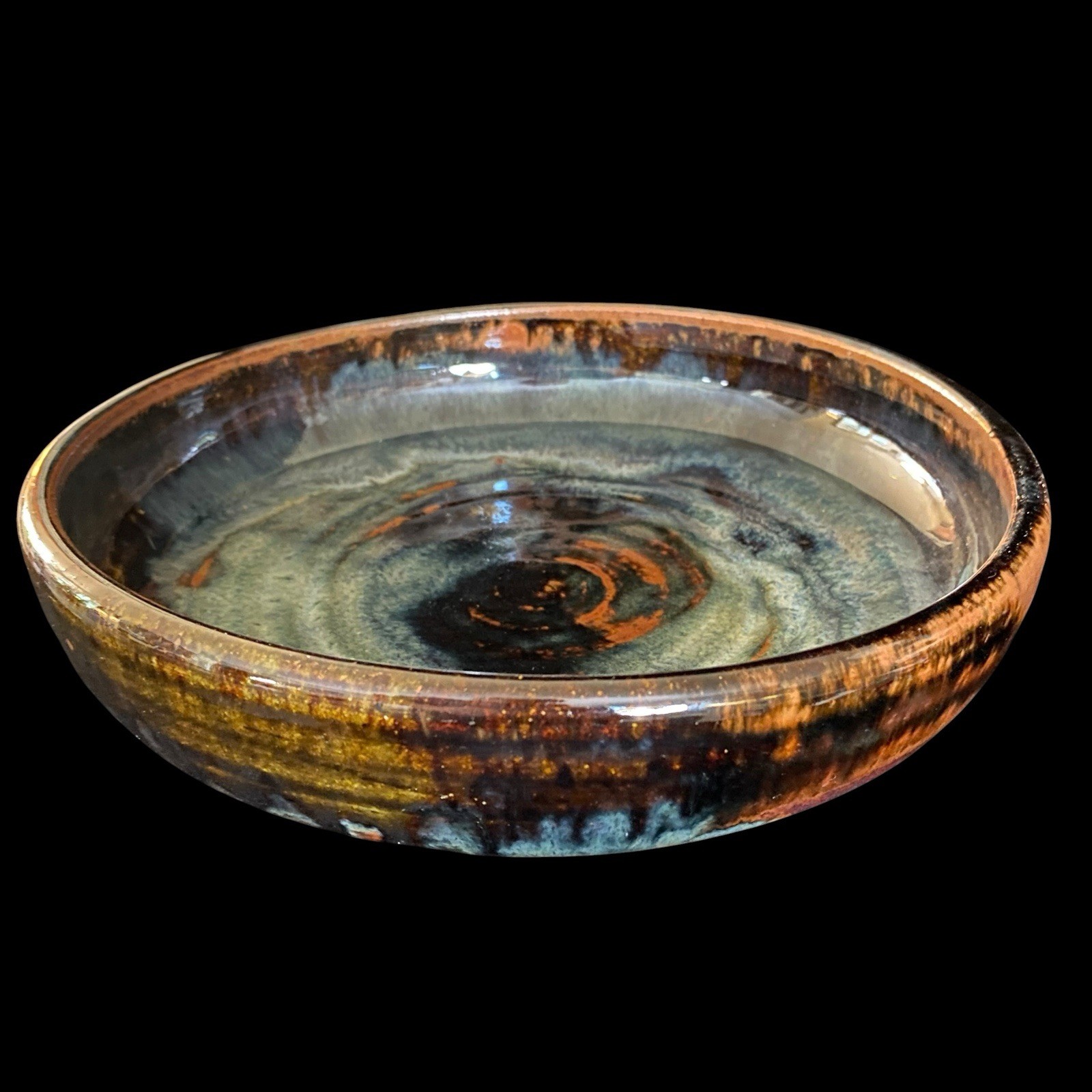 VTG Blue Brown Drip Glaze 8” Shallow Bowl Studio Art Pottery Stoneware Signed