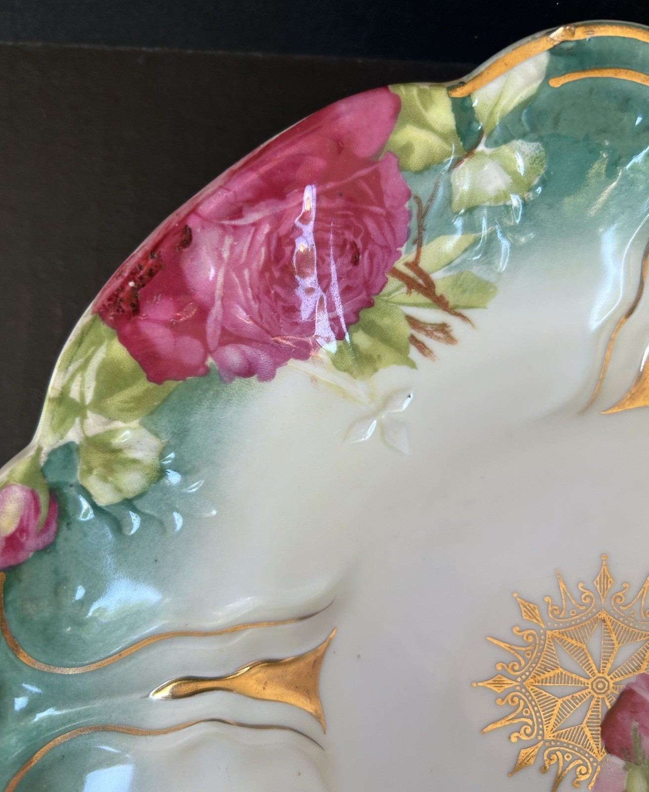 Antique PS Germany Porcelain Bowl 10 1/2″ Teal Blue With Pink Roses
