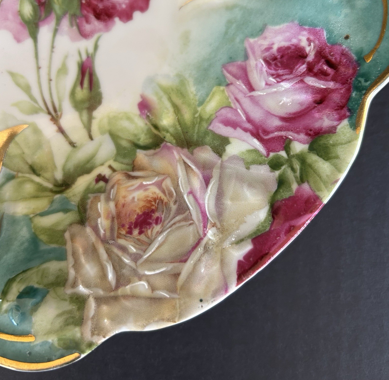 Antique PS Germany Porcelain Bowl 10 1/2″ Teal Blue With Pink Roses