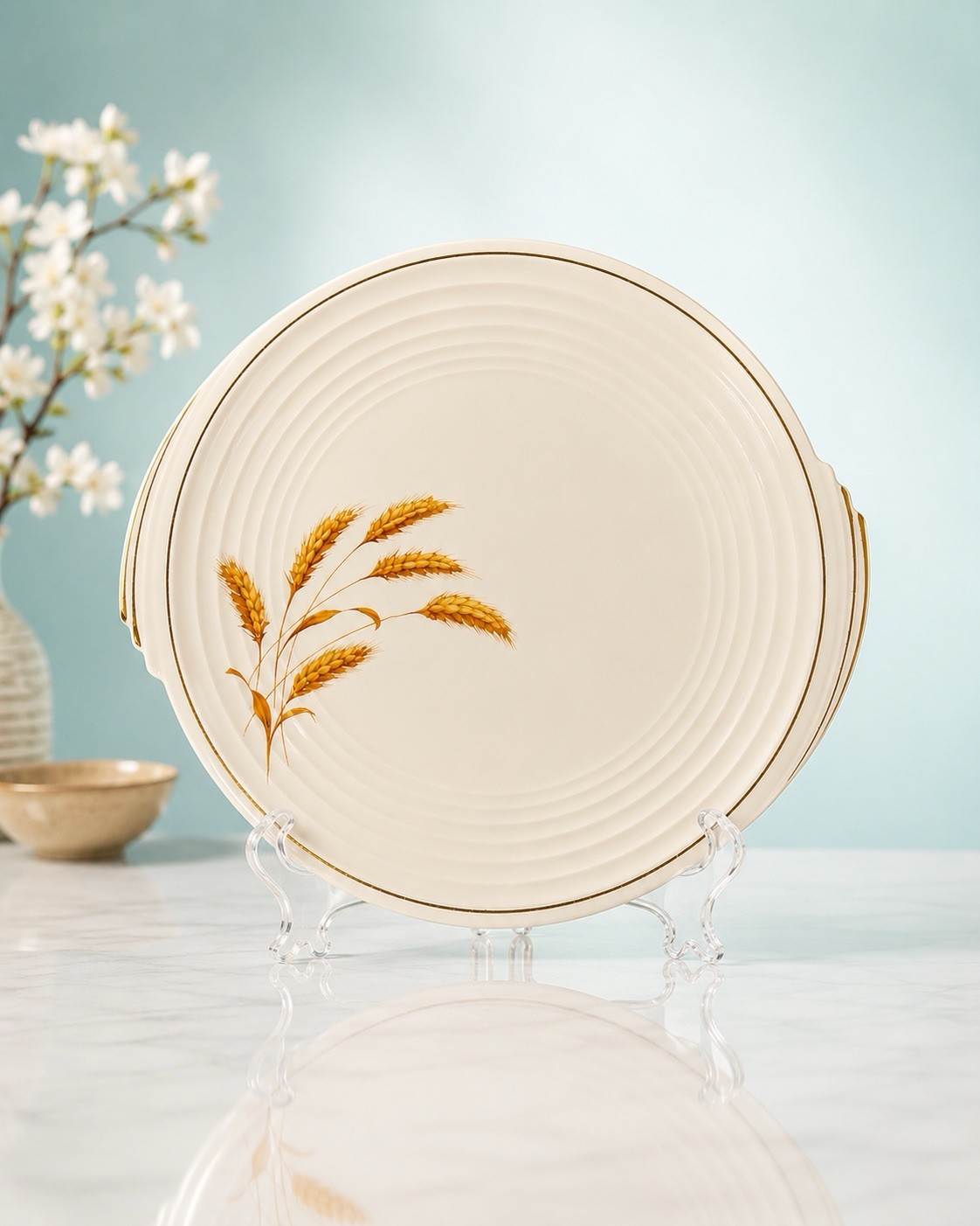 Edwin M Knowles 1930s Yorktown Cake Plate Golden Wheat Ceramic Cream, 11.5”