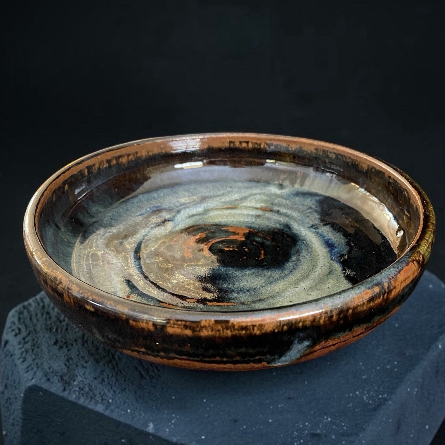 VTG Blue Brown Drip Glaze 8” Shallow Bowl Studio Art Pottery Stoneware Signed