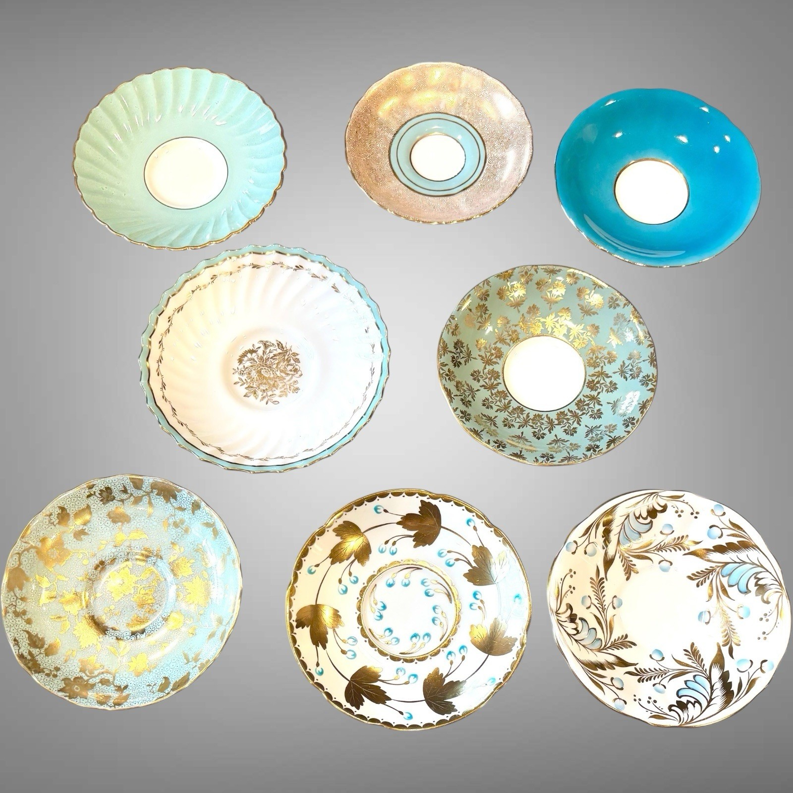 Lot of 8 Vintage English Mixed China Saucers Teal Aqua