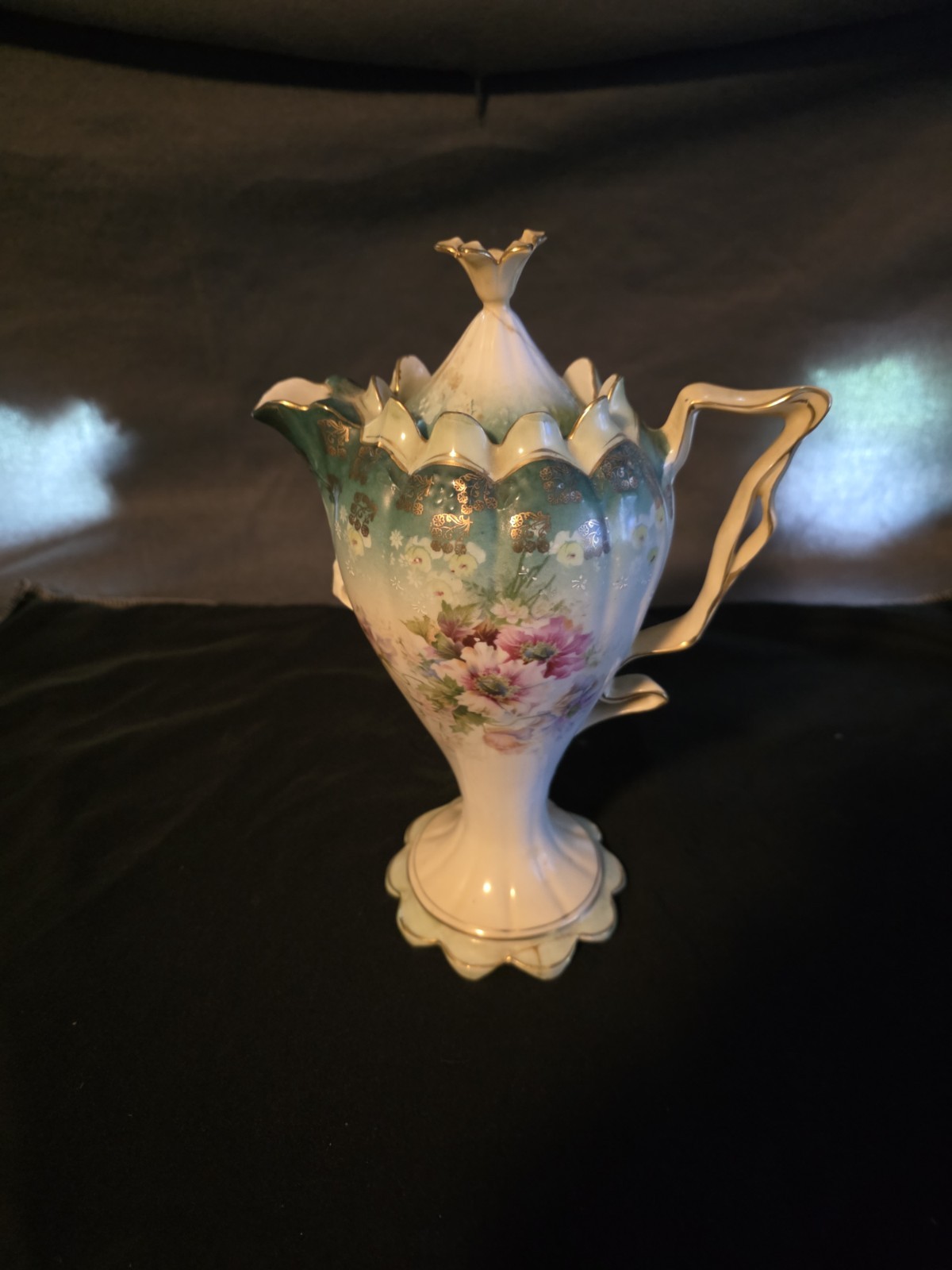 Vintage RS Prussia Red Mark Chocolate Pot Green Floral Footed Scalloped Base