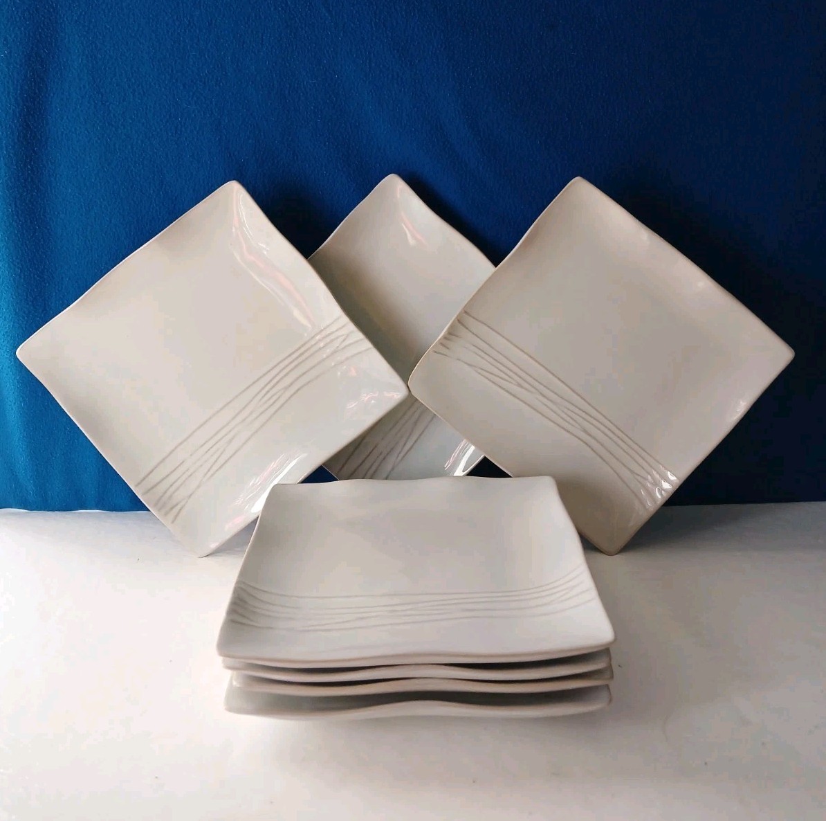 7) Pier 1 Sakui Salad Plates Set Square Emboss Elegant Dining Serving Dishes Lot
