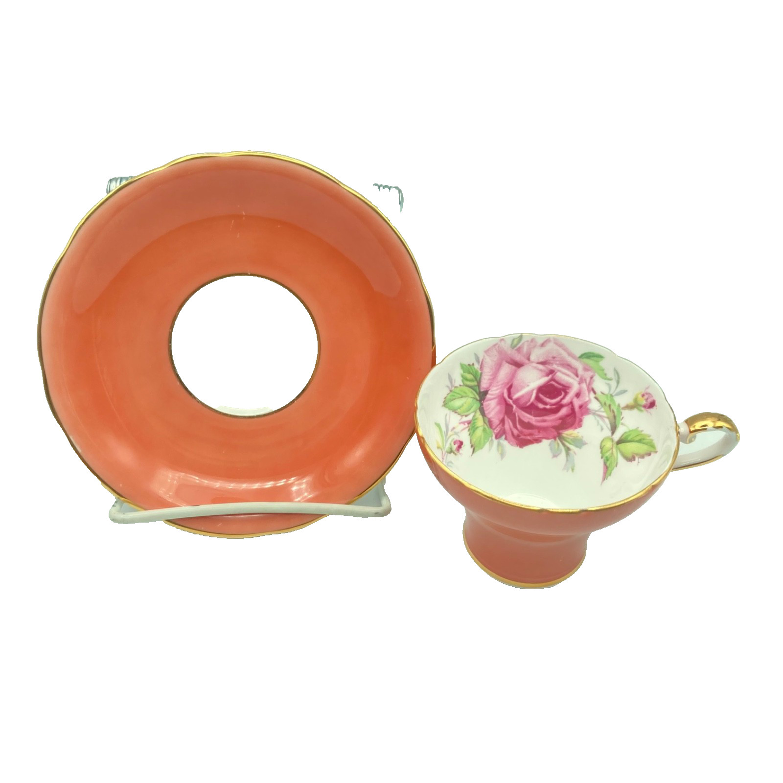 Cabbage Rose Tea Cup & Saucer Aynsley Coral Bone China England Gold Trim