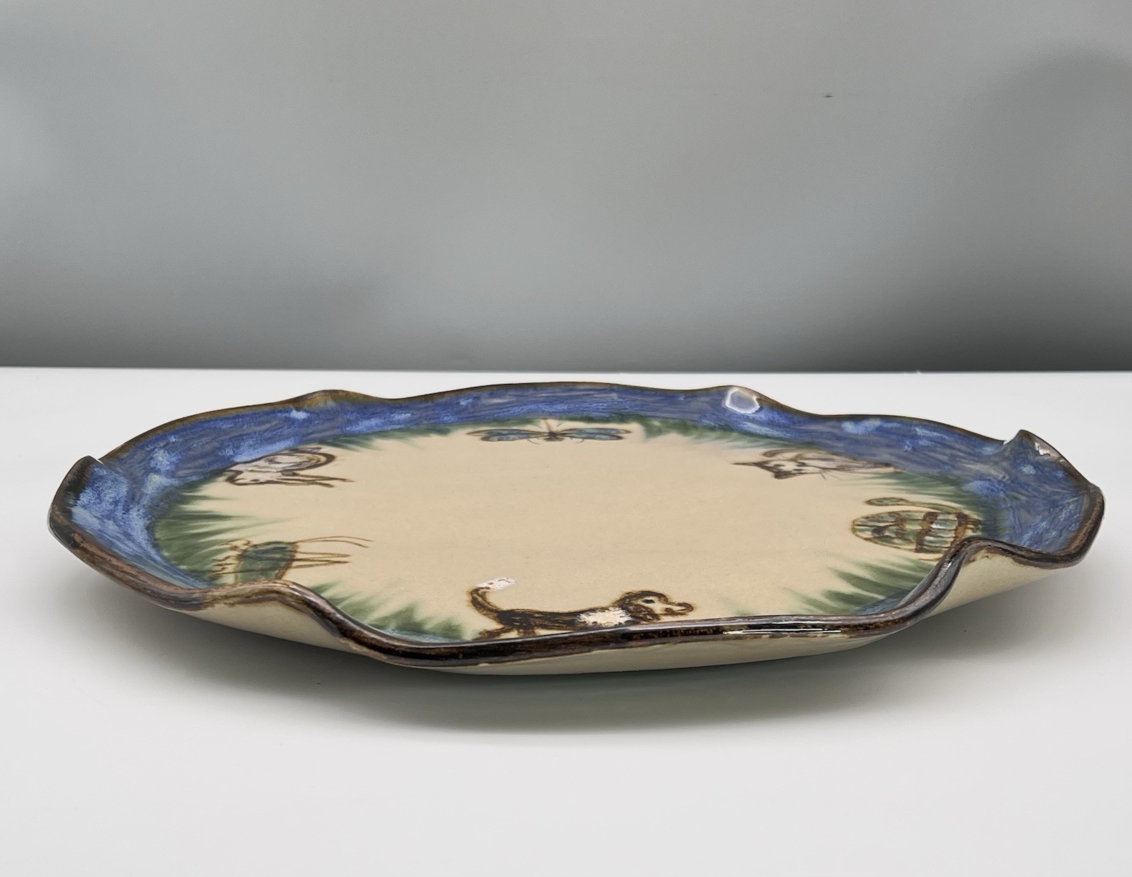 Janet Resnik HUGE 15.25″ LAZY SUSAN PLATTER Country Animals STUDIO ART POTTERY