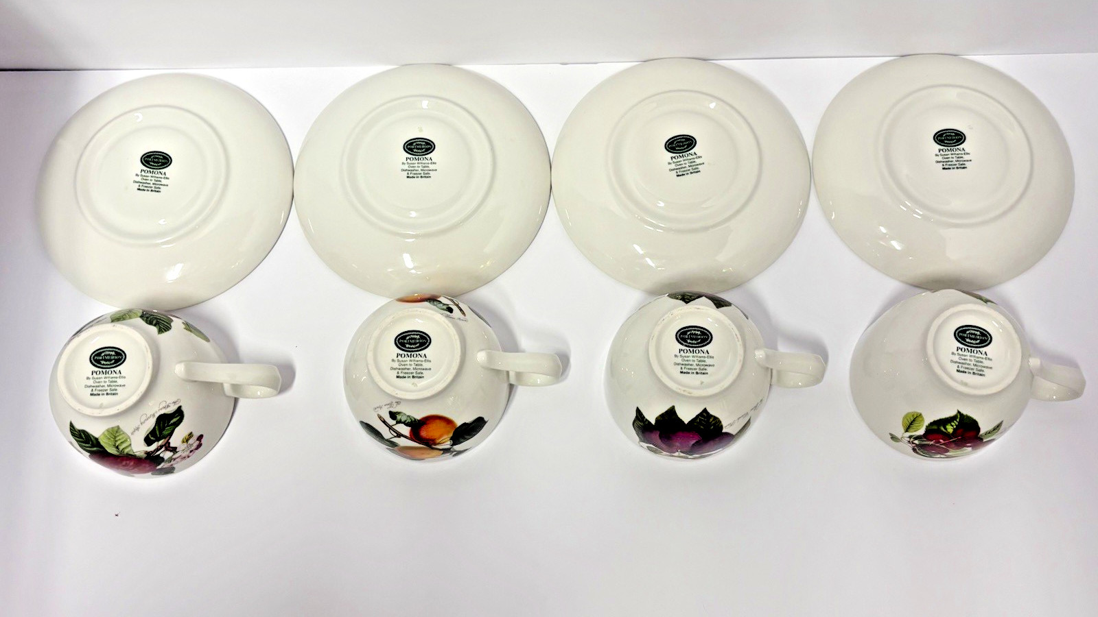 Portmeirion Pomona Traditional Footed Tea Coffee Cups & Saucers Gr Britain Set 4