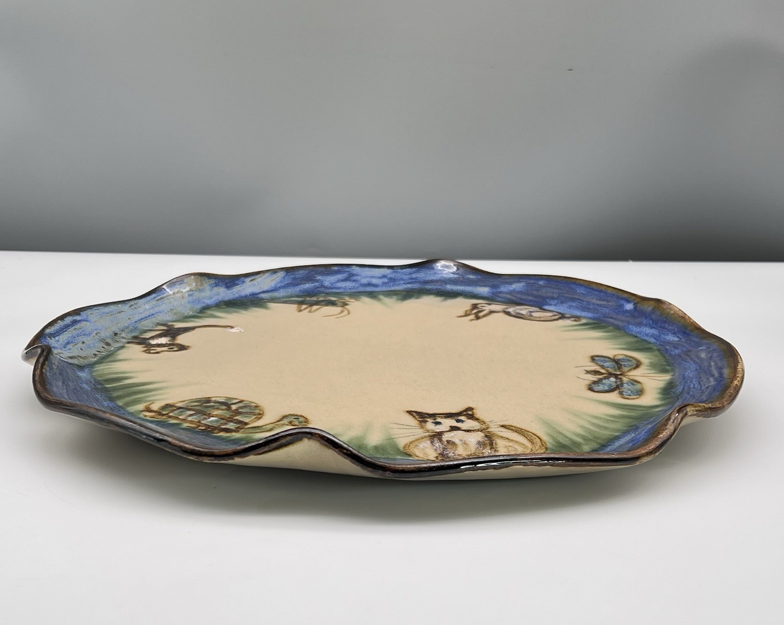 Janet Resnik HUGE 15.25″ LAZY SUSAN PLATTER Country Animals STUDIO ART POTTERY