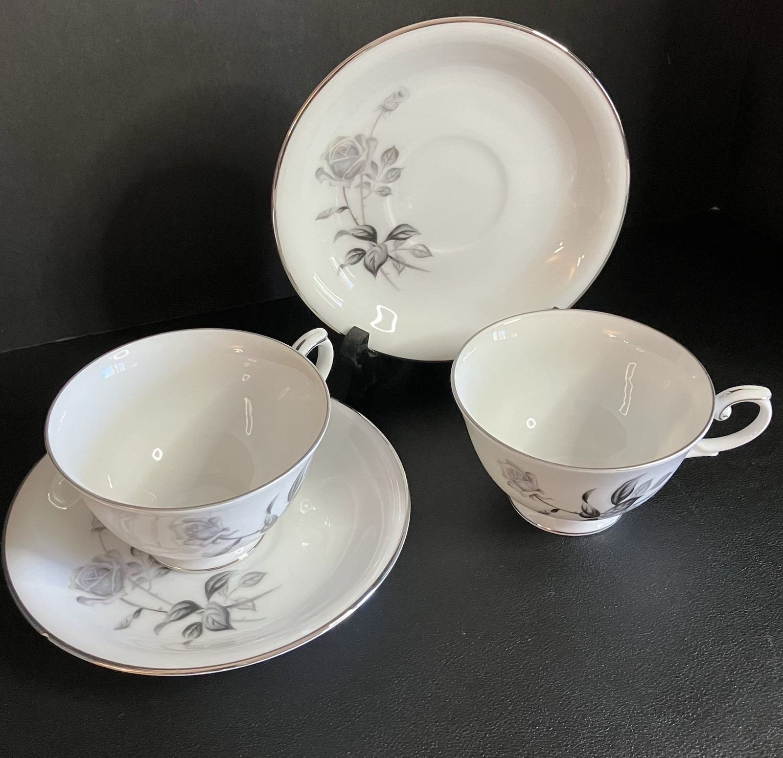 Yamaka Fine China, Nocturne Gray Rose, 2 sets of Cups & Saucers, Platinum Rim