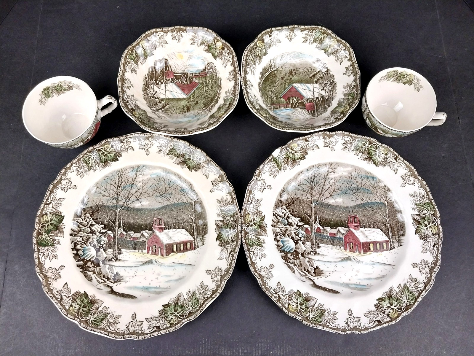 Vtg Johnson Brothers 6-Pc School House and Covered Bridge Teacups Plates & Bowls
