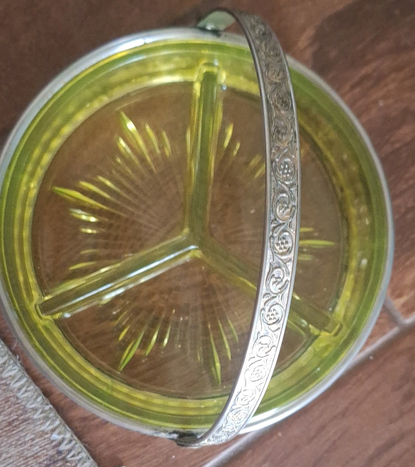 Vintage Chrome & Vaseline Glass Divided Relish Tray UV Reactive Minor Flea BITE