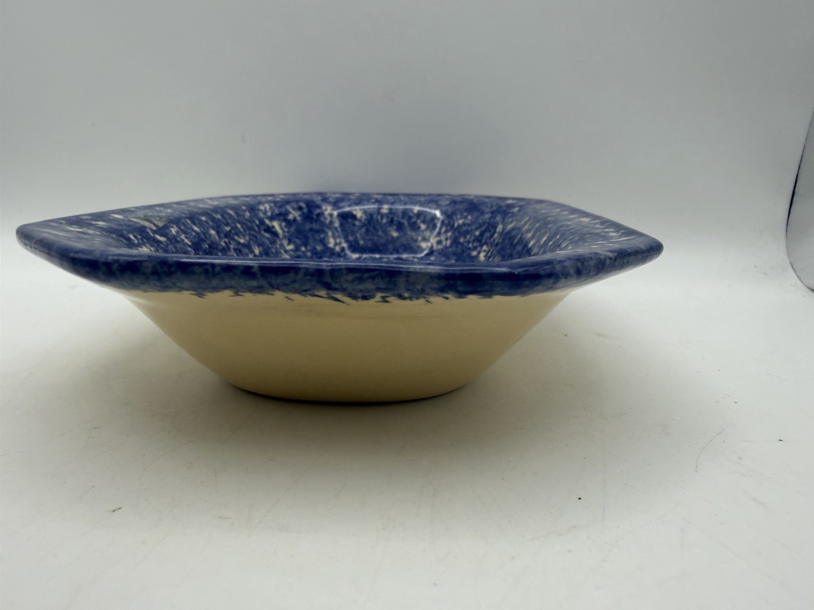 Molly Dallas Blue Spongeware Cow Octagon Serving Bowl Folk Art Pottery Signed