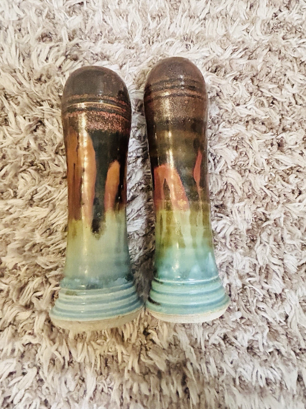 Bill Campbell Pottery Salt And Pepper Shakers Drip Glaze Blue Brown Purple