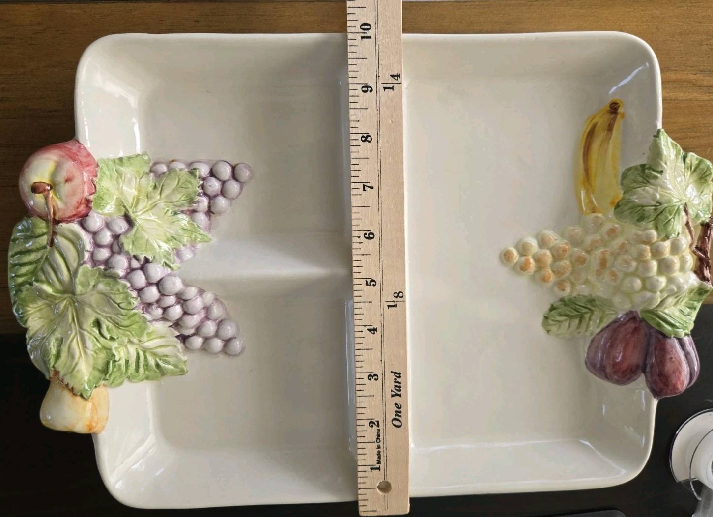 VTG Ceramic sectioned barbotine Serving Tray Made In Portugal Hand Painted Fruit