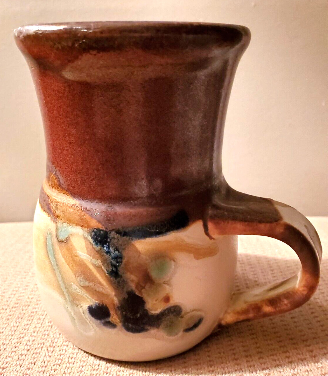 Art Pottery Mug Brown Tan Blue Gray Signed Ron Hulu or Lulu Possibly Studio Art