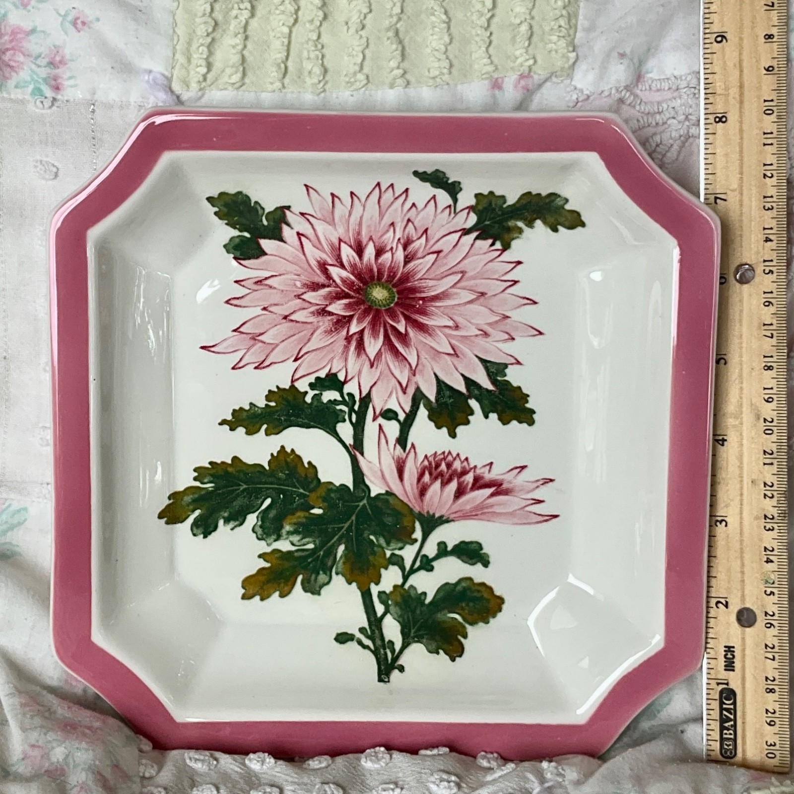 Vintage Original LJ Genuine Ironstone Ware Square Pink Chrysanthemum Floral 8″ P
