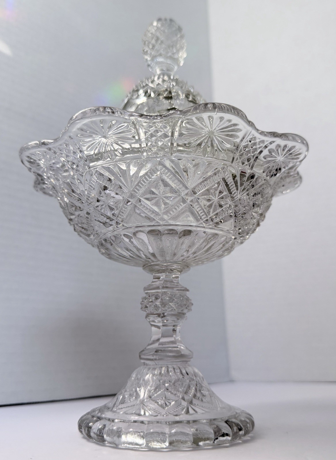 EAPG Clear Pressed Glass Covered Compote Diamond Fan Pineapple Finial UV365 Glow