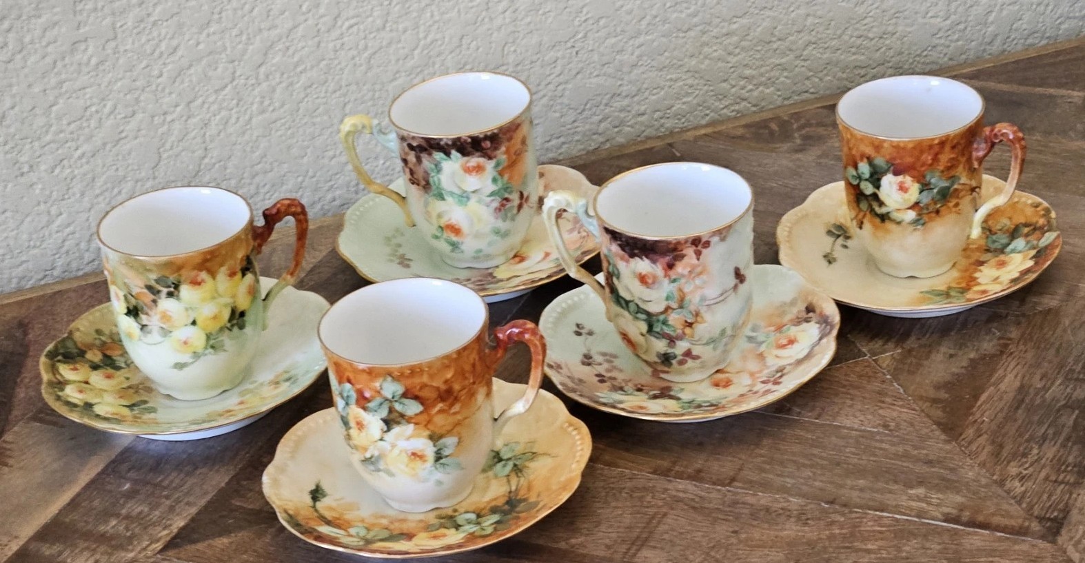 Vintage AKD France Floral Cup & Saucer Set of 5 (10 Pieces)