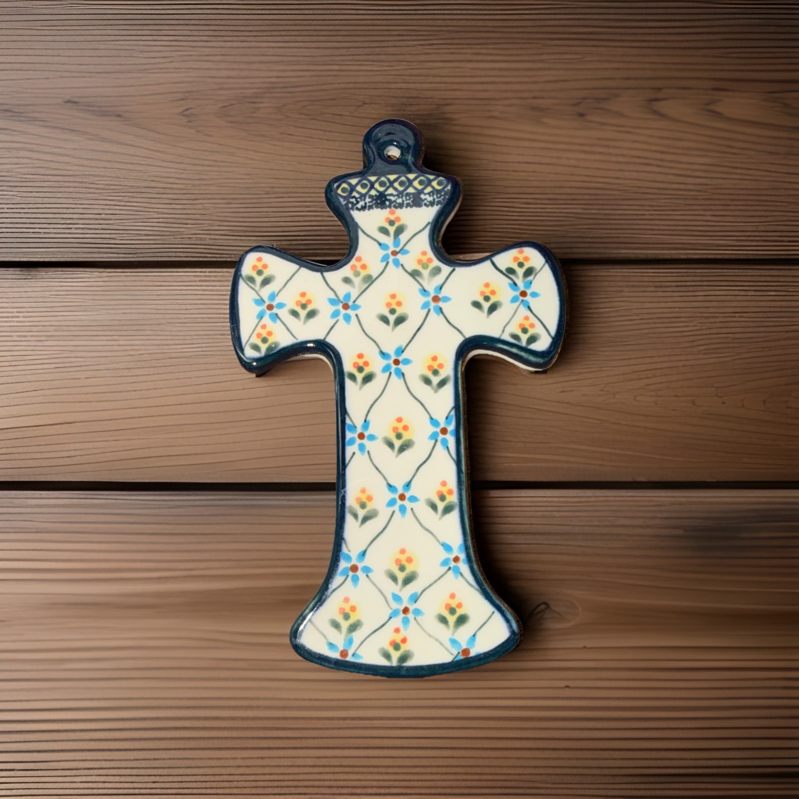 Boleslawiec Polish Pottery Easter Cross UNIKAT Stoneware Artisan Folk Art 7.5″