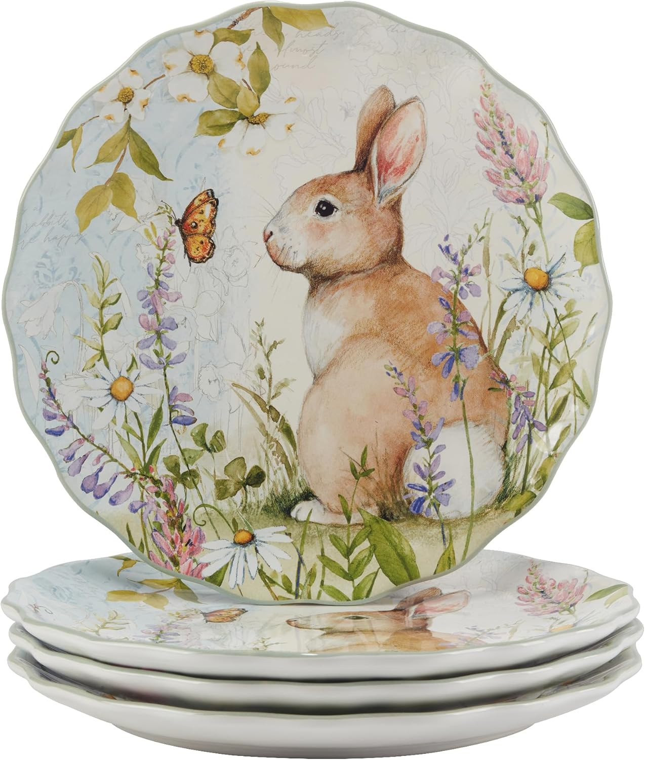 Easter Meadow 11-Inch Dinner Plates,Set of 4 – Whimsical Bunny & Floral Design