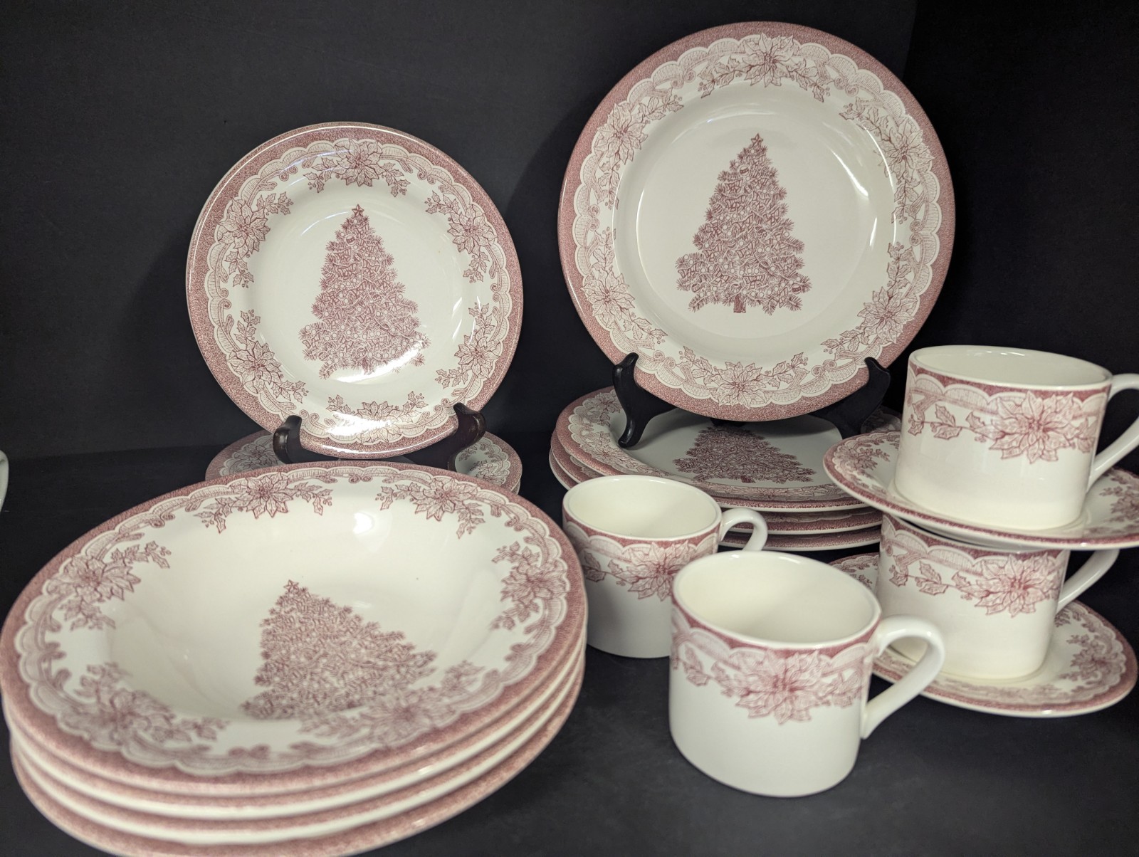 17pc Staffordshire Yuletide Red Christmas Tree – Dinner & Sald Plates Bowls Cups
